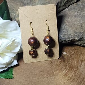 Gold Toned Earrings With Brown And Bronze Swirled Beads Dangle Pierced Earrings